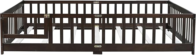 Queen Size Montessori Floor Bed Frame with Convertible Door & Wood Slats for Kids,Wood Montessori Bed with Safety Guardrails for Girls & Boys,Espresso