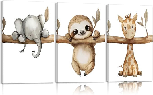 3Pcs Nursery Animal Canvas Wall Art Safari Nursery Poster Prints Jungle Kids Painting Cute Animal Elephant Sloth Giraffe Artwork Picture Wall Decor for Boys Room Girls Room 12x16in Framed