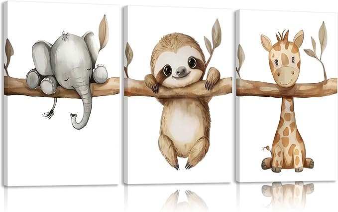 3Pcs Nursery Animal Canvas Wall Art Safari Nursery Poster Prints Jungle Kids Painting Cute Animal Elephant Sloth Giraffe Artwork Picture Wall Decor for Boys Room Girls Room 16x24in Framed