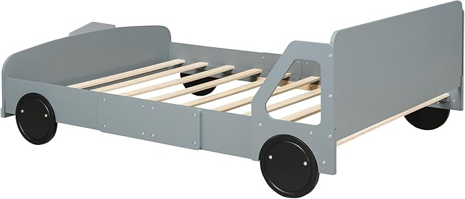 Full Size Car-Shaped Platform Bed with Wheels, Solid Wood Car Bed Frame with Strong Slatted Support for Kids Teens Boys Girls Bedroom, Fun Play Design Kids Floor Bed (Gray-WL55)