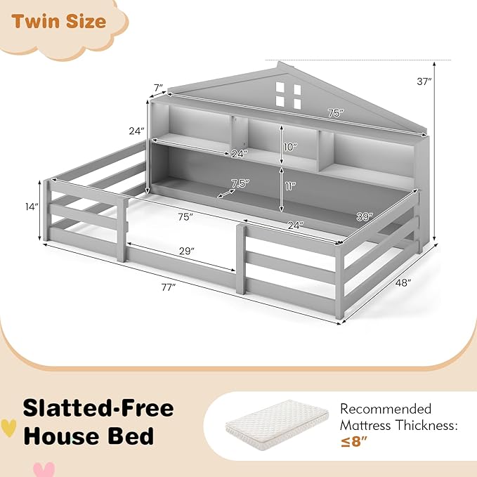 Giantex Twin Size Montessori Floor Bed with LED Lights, 2-in-1 Wooden House Bed Frame with Safety Guardrails, Storage Compartments & Shelf, No Box Spring Needed, Without Slats, Gray