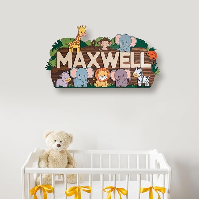 Personalized Nursery Sign, Woodland Animals Wooden Sign with Name, Hello World Newborn Sign, Animals Sign for Kid Room Decor, Baby Gifts for Girl, Custom Baby Name Sign, Baby Wall Art Bedroom