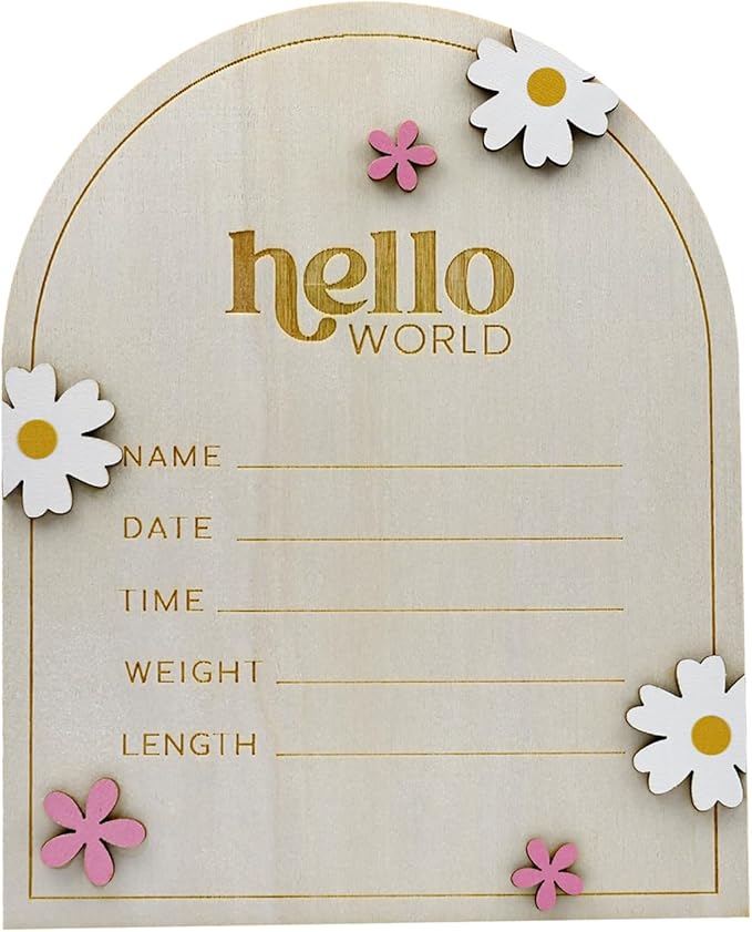 iEvolve Baby Announcement Sign Hello World Wooden Birth Name Sign Welcome Baby Newborn Board Butterflies and White Flowers Nursery Decor for Baby Girls Boys (WhiteDaisy)