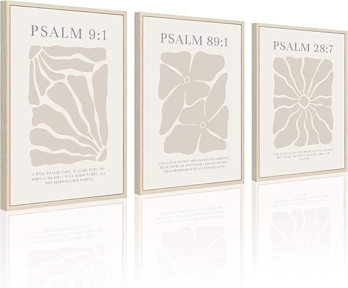 Scripture Christian Wall Art Set of 3 Beige Bible Verses Wall Decor Neutral Psalm Canvas Wall Art Modern Pictures Flower Prints Christian Artwork for Living Room Bedroom 16x24 Inch Framed