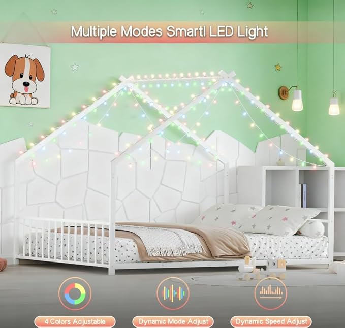 Bellemave Full Size Montessori Floor Beds with Slats for Kids, Metal Full House Bed for Kids, White with Slats and Lights