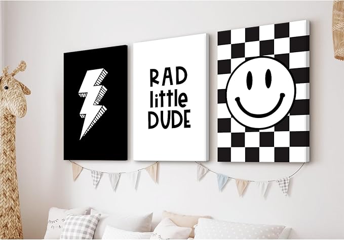 Boys Room Wall Art Decor Toddler Nursery Canvas Wall Art Baby Kids Wall Decor Black Checkered Smiley Poster Pictures Retro Playroom Rad Little Dud Art Prints for Bedroom 16x24x3 Inch Framed