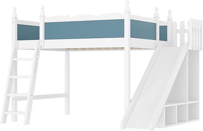 SOFTSEA Full Size Loft Bed with Slide & Storage, Wood Loft Bed with Open Shelves and Cabinet, High Lofted Bed with Convertible Slide and Ladder for Kids Teens Adults, Blue + White