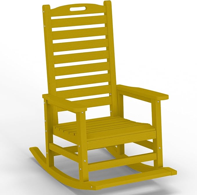 Outdoor Rocking Chair with Removable Footboard for Adults, HDPE High Back Patio Rocking Chairs, 330lbs All Weather Porch Rocking Chairs for Outdoor & Indoor -Yellow