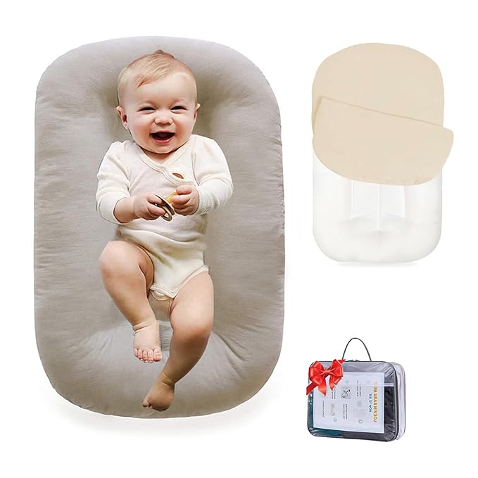 Baby Lounger 0-24 Months 100% Cotton-Snuggle Cozy Me Lounger,Soft & Breathable Tummy Time Mat for Newborn Infant Play Mat,Babies Essentials Gifts,Apricot(Lounger Cover Included)