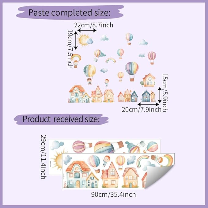 Cartoon City Wall Decals, Whimsical Hot Air Balloons, Houses, Animals, Rainbow, Sun, Clouds Design, Removable Vinyl Stickers for Kids Room, Nursery, Bedroom, Playroom Decor (Colorful-03)