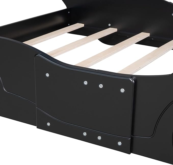 Full Size Race Car-Shaped Platform Bed Bedframe with Wheels, 87.4" L x 55.3" W x 16.1" H Black