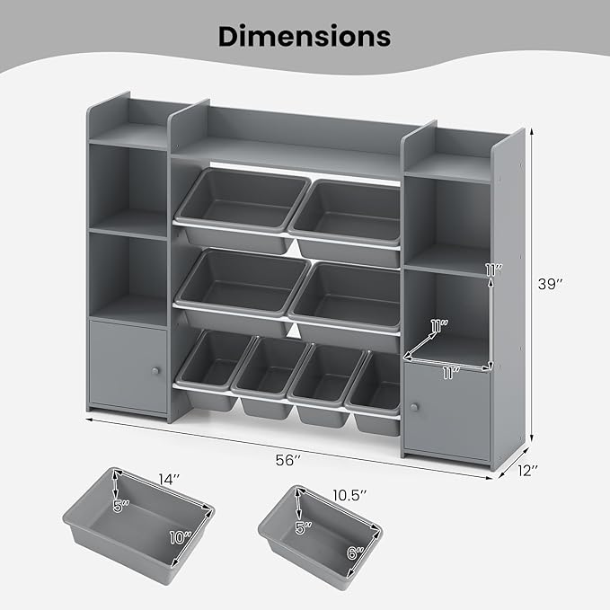 Costzon 56'' Kids Toy Storage Organizer with 8 Removable Bins, 4-Tier Toddler Bookshelf Cubbies, Preschool Children's Montessori Bookshelf w/6 Large Cabinet for Playroom, Daycare, Kids Room, Classroom