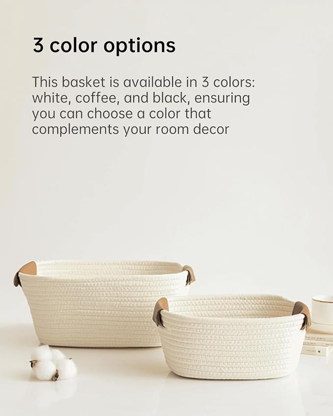 Medium Cotton Woven Basket with PU Leather Handle, Baby Kids Clothes Toys Candy Gifts Cotton Rope Organizer, Living Room Bathroom Shower Storage Laundry Basket, Dog Cat Bed, Cute Decor, Coffee