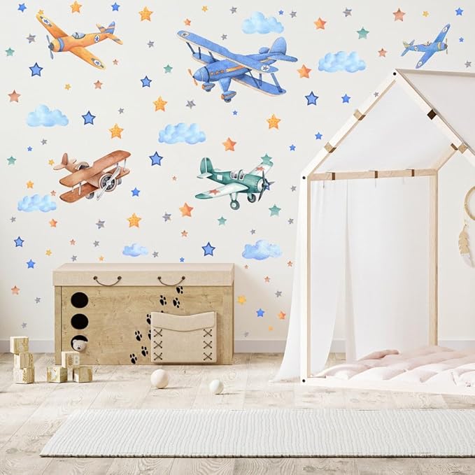 Watercolor Airplane Wall Decals, Classic Aircraft with Stars Clouds Vinyl Wall Stickers,Removable Vintage Airplane Artwork for Kids Boys Bedroom Kindergarten Playroom Decor