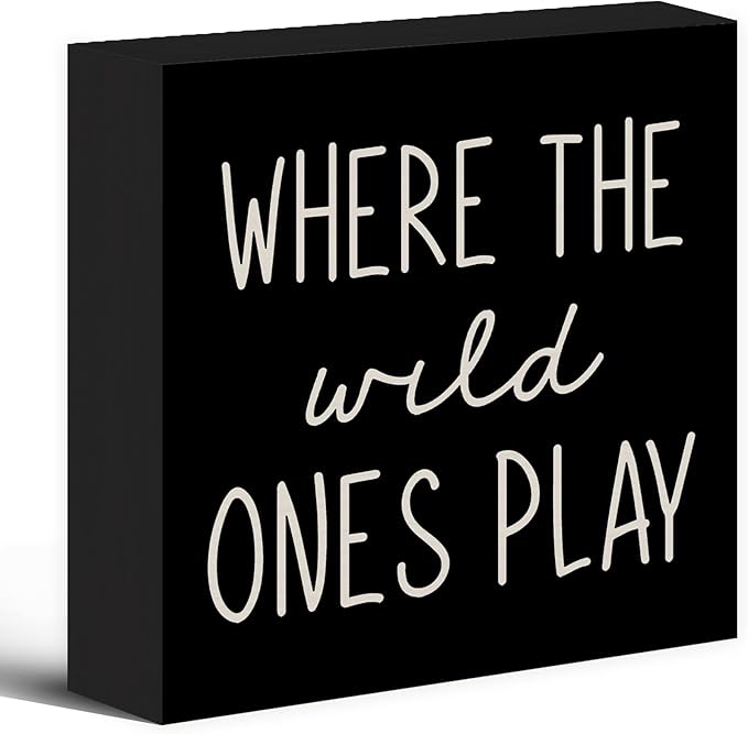 Where The Wild Ones Play Black Wood Box Sign Desk Decor 5X5, Nursery Kids Room Wooden Block Sign Decorations for Playroom Toddler Boys Girls Room Wall Tabletop Shelf Decor