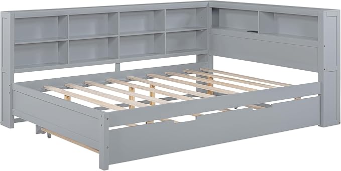 Harper & Bright Designs Full Size Daybed With Trundle and Charging Station, Wooden Storage Bed Frame With L-Shaped Bookcases, Platform Bed With Shelves for Kids Girls Boys, Gray