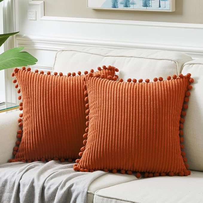 Fancy Homi Pack of 2 Burnt Orange Decorative Throw Pillow Covers 22x22 Inch with Pom-poms for Couch Bed Living Room, Soft Corduroy Solid Square Cushion Case 55x55 cm, Farmhouse Boho Home Decor