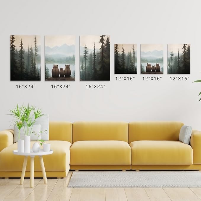 Set of 3 Bear Family Nursery Canvas Wall Art, Forest Animal Nursery Print, Woodland Nursery Wall Decor, Landscape Toddler Room Decor for Boy's Bedroom, Baby Girl's Nursery Decor, Framed 12"x16"x3