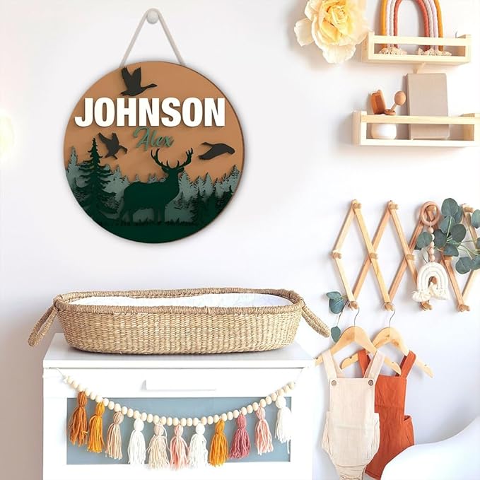 Custom Bedroom Door Sign Natural Wood Circle – Jungle Theme Door Decorations with Deer and Forest – Name Sign, Nursery Decor, Boys Room Decor, Wall Hanging