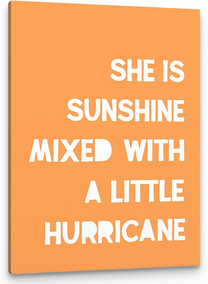 PHAMTE Girls Bedroom Wall Decor,She is Sunshine Mixed with a Little Hurricane Girls Room Wall Art,Sunshine Print Framed Canvas Painting Artwork for Room Bedroom Home Nursery Playroom（11x14 Inch）（Orange）