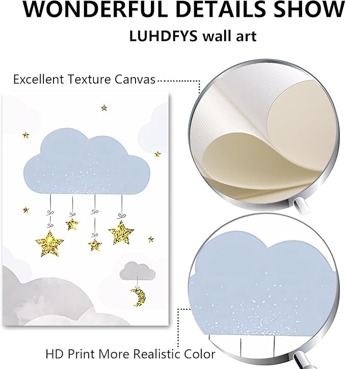 LUHDFYS Cartoon Moon and Stars Canvas Wall Art Print,Scandinavian Style Nursery Decor Poster,Blue Moon and Stars Wall Art,Cute Baby Room Classroom Decoration for Boys and Girls Unframed