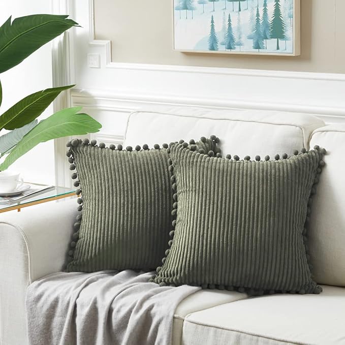 Fancy Homi Pack of 2 Olive Green Decorative Throw Pillow Covers 16x16 Inch with Pom-poms for Couch Bed Bedroom, Soft Corduroy Solid Square Cushion Case 40x40 cm, Farmhouse Boho Home Decor