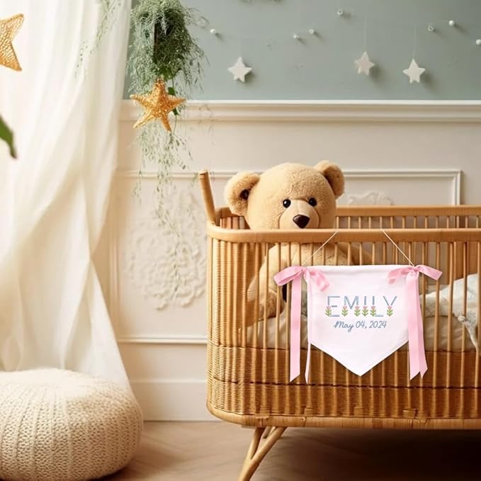 Embroidered Baby Name Sign Personalized Baby Announcement Sign Newborn Baby Banner with Bows Baby Hospital Name Sign Canvas Hanging Pennant Flag Custom Infant Baby Name Baby Shower Banner (09)