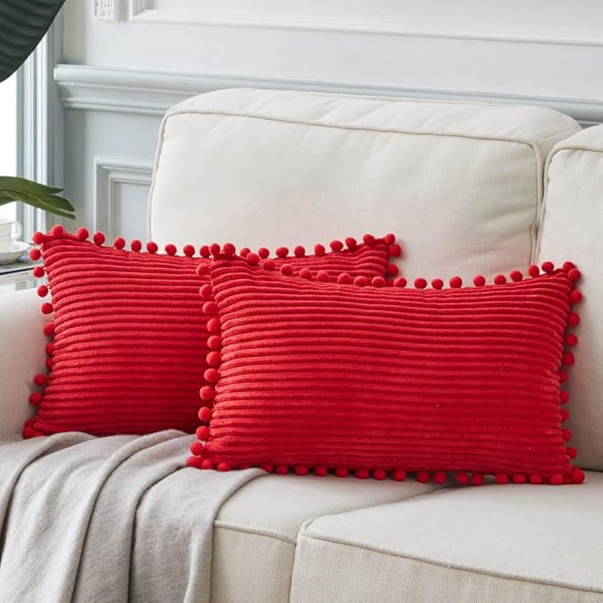 Fancy Homi Pack of 2 Christmas Rectangle Decorative Throw Pillow Covers with Pom-poms, Soft Corduroy Accent Solid Cushion Case Set for Couch Sofa Bedroom Car Living Room (12x20 Inch/30x50 cm, Red)