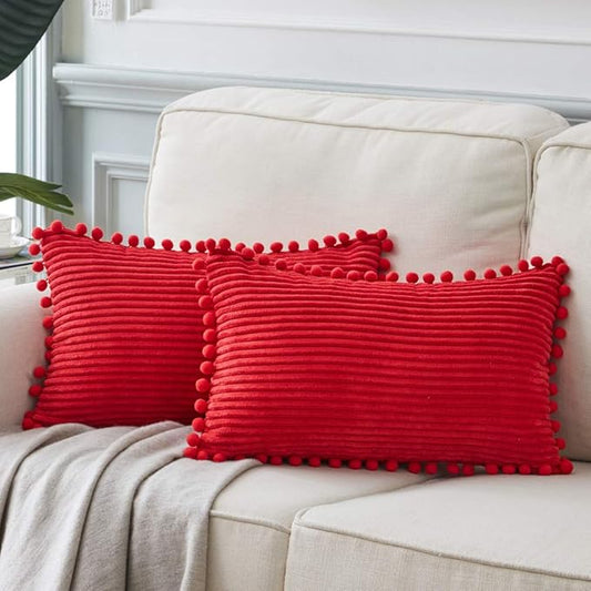 Fancy Homi Pack of 2 Christmas Rectangle Decorative Throw Pillow Covers with Pom-poms, Soft Corduroy Accent Solid Cushion Case Set for Couch Sofa Bedroom Car Living Room (14x24 Inch/35x60 cm, Red)