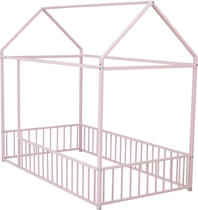 Bellemave Twin Size Montessori Floor Bed, Metal House Bed Framefor Kids, Montessori Floor Beds with Fence, Playhouse for Kids, Pink