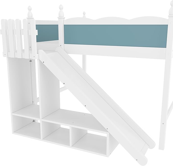 SOFTSEA Queen Size Loft Bed with Slide, Kids Loft Bed with Open Shelves and Cabinet, Playhouse Bed Frame with Detachable Slide and Ladder for Kids Boys, Blue + White