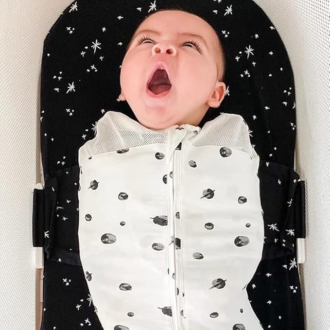 Happiest Baby SNOO Sleep Sack - 100% Organic Cotton Baby Swaddle Blanket - Doctor Designed Promotes Healthy Hip Development (Ivory Planets Black Wings, Medium)