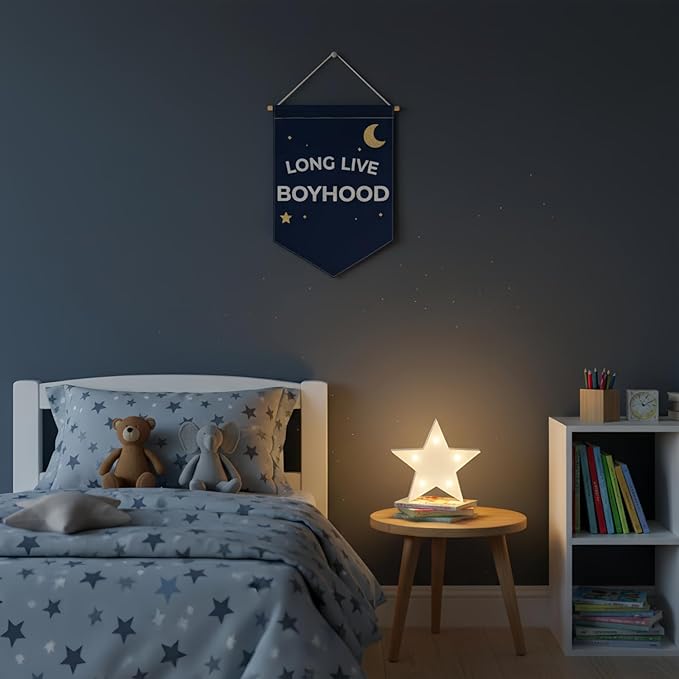 Long Live Boyhood Banner – Double Sided Day & Night Linen-Look Canvas Wall Hanging Flag for Boys Room Decor, Toddler Nursery, Kids Playroom, Bedroom Pennant