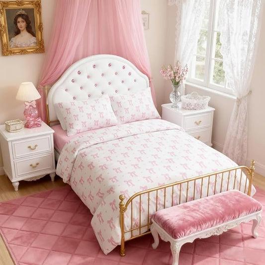 Bow Bedding Duvet Cover Queen Size Pink White Heart Bowknot Bedding Set 3 Pieces Kids Girls Princess Style Cute Love Pattern Bowknot Soft Breathable Microfiber Duvet Cover