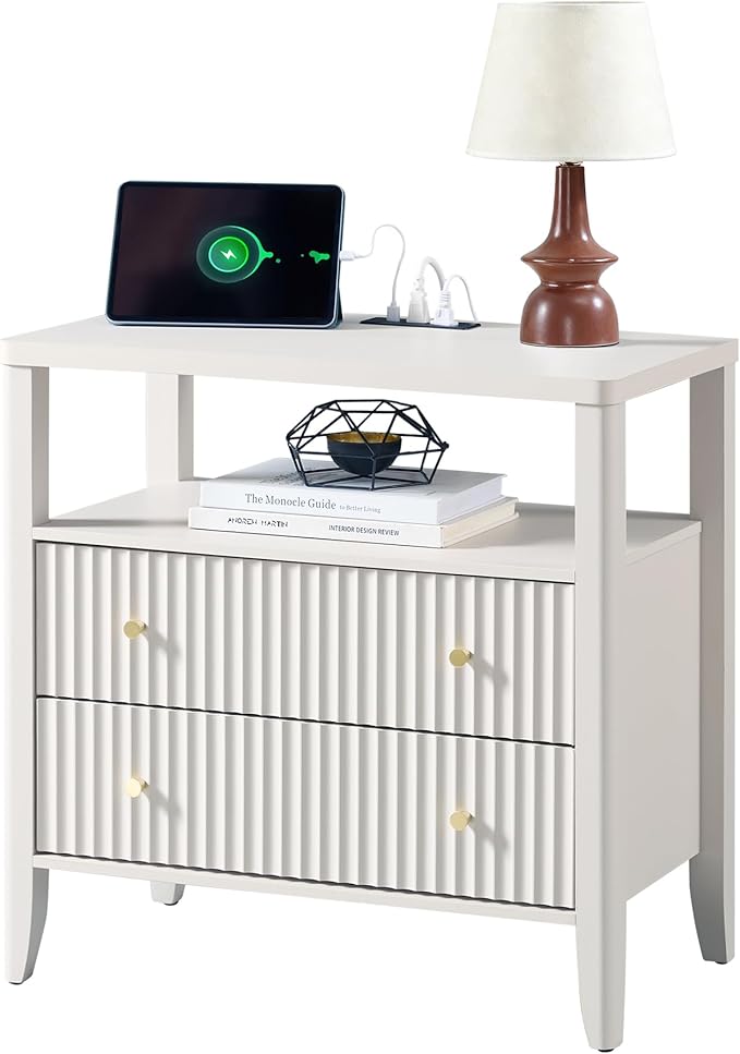 Fluted Nightstand with Charging Station Set of 2, 27.3" Wide Modern Bedside Table with 2 Drawers & Open Shelf, Large Wood End Table with Storage & Metal Handle for Bedroom, Cream White