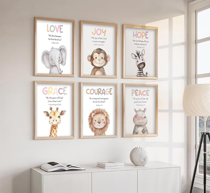 Safari Animal Bible Verse Nursery Wall Art Christian Picture Kids Room Wall Decor Uplifting Scripture Poster Hope Love Joy Jungle Animals Painting Canvas Print Artwork for Baby Room Playroom, Unframed