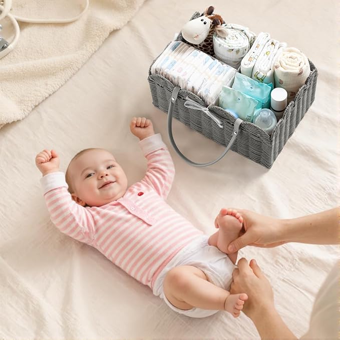 HBlife Baby Diaper Caddy Organizer, Washable Waterproof, Large Portable Scalloped Wicker Woven Basket with Divider, Nursery Diaper Station, Baby Shower Gifts Basket - Newborn Essentials, Car Organizer