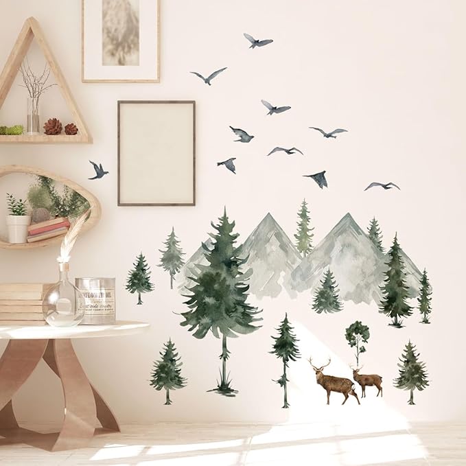 Watercolor Mountain Pine Tree Wall Decals Forest Tree Woodland Deer Birds Wall Stickers for Kids Bedroom Newsery Living Room Wall Decor