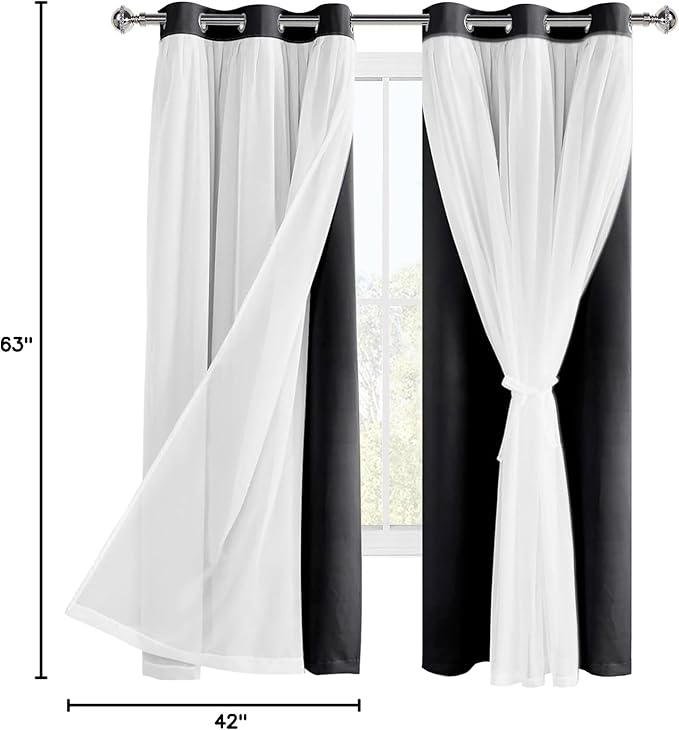 Hiasan Blackout Curtains with Sheer Overlay, Grommet Thermal Insulated Privacy Mix and Match Double Layer Window Curtains for Girls Bedroom, Living Room, 2 Drape Panels with Tiebacks, Black, 42W X 63L