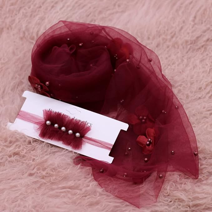 Newborn Baby Photography Props Blanket, Baby Photo Props Pearl Wrap Blanket Headband for Baby Boys Girls Photoshoot (Wine red)