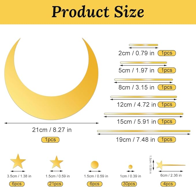71 Pcs Gold Star Stickers, 3D Acrylic Moon Shooting Star Mirror Wall Stickers Decor, Removable Decals Art Self-Adhesive for Home Nursery Classroom Bedroom Interior Wallpaper Background Art Decor