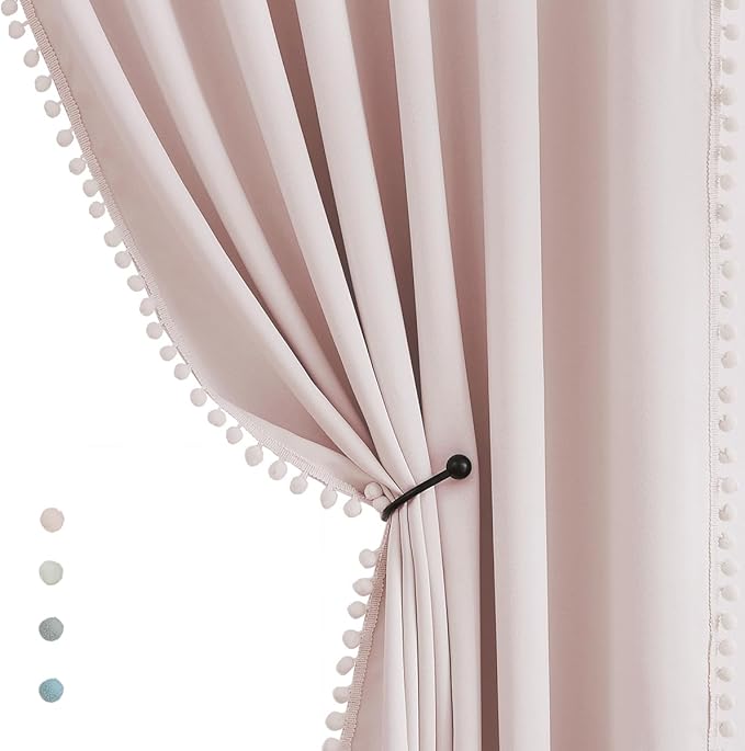 Treatmentex Pompom Blackout Curtains for Bedroom Pink Girls 84 inch Energy Efficient Thermal Insulated Living Room Darkening Curtain Panels for Kitchen Nursery Room 52" w x2 Panels Rod Pocket