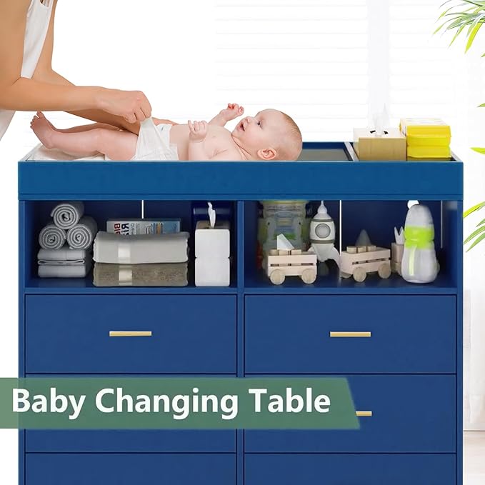 Dresser for Bedroom with LED Lights and Power Outlet, Baby Changing Table Dresser with 6 Drawers, 2 Open Storage Shelves, Baby Diaper Station with Changing Table Top (Blue)