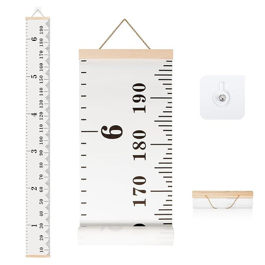 Growth Chart for Wall with Clear Adhesive Hook, Waterproof Canvas Adult Growing Kids Baby Height Measuring Hanging Ruler, 6.56 Feet for Nursery, Child Room Decor (Wood Frame, 78.7"x7.9" Simple)