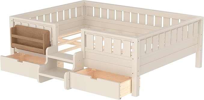 Bellemave Full Size Kids Bed with high Rails and with Built-in Bookshelf and Drawers for Kids, Girls, Boys, Wood Montessori Bed Without Door, Beige