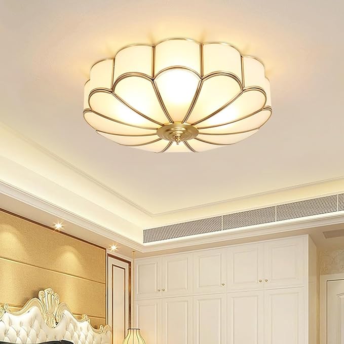 MIXL- Mid Century Brass Flush Mount Ceiling Light,LED Antique Brass Light Fixture, Modern Frosted Glass Ceiling Lamps for Living Room, Close to Ceiling Light Decorative for Bedroom(13.77" W)