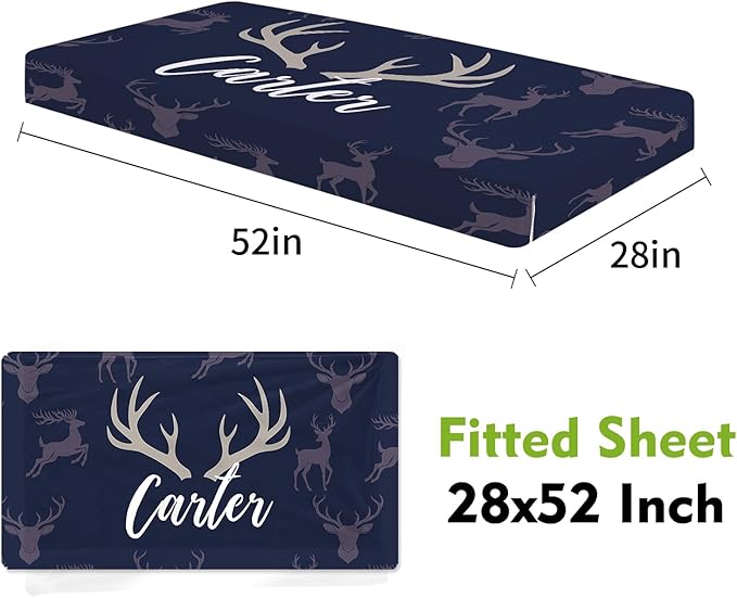 Personalized Crib Bedding Set for Boys Girls, Custom Baby Crib Sets with Name, Navy Deer Design Nursery Bedding 2 Piece - Soft Blanket with Double Layer Dotted Backing, Crib Fitted Sheet