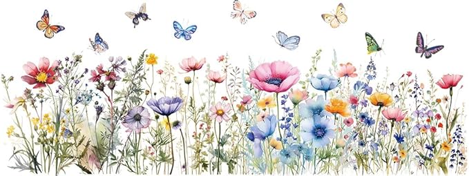 Weeds Wildflower Wall Stickers, Watercolour Colorful Flower Floral Buterflying Wall Decal for Nursery Kitchen Home