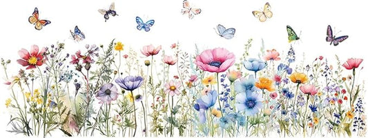 Weeds Wildflower Wall Stickers, Watercolour Colorful Flower Floral Buterflying Wall Decal for Nursery Kitchen Home