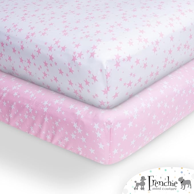 Frenchie Mini Couture Bassinet Sheets 100% Woven Cotton Pink Stars, 15 x 33in, 2-Pack